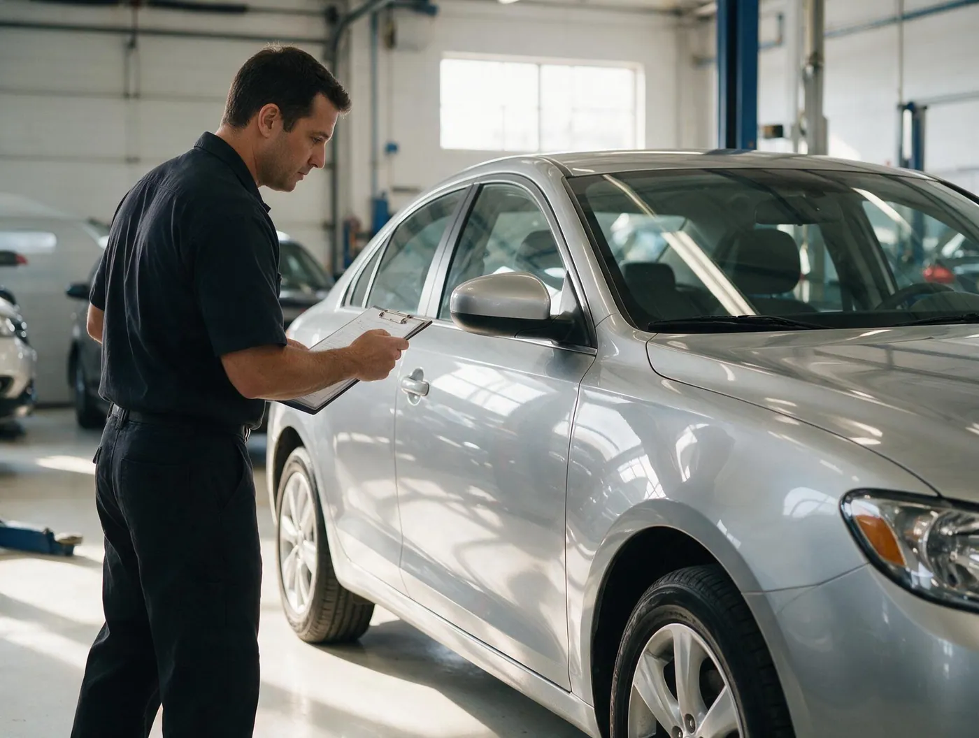 Vistoriador com prancheta analisando a lateral de um carro durante uma vistoria veicular